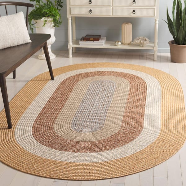 Braided Brown/Light Brown 4 ft. x 6 ft. Machine Washable Solid Striped Border Oval Area Rug