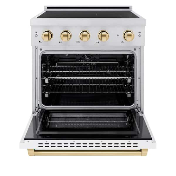 Autograph 30 in. 4.2 cu. ft. Induction Range with 4 Element Cooktop in Satin Stainless with White and Gold Accents