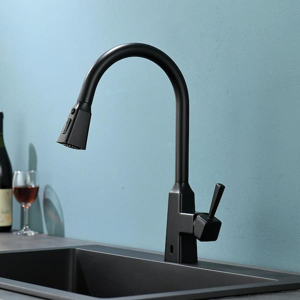 Single Handle Touchless Gooseneck Pull Down Sprayer Kitchen Faucet with Handles in Black