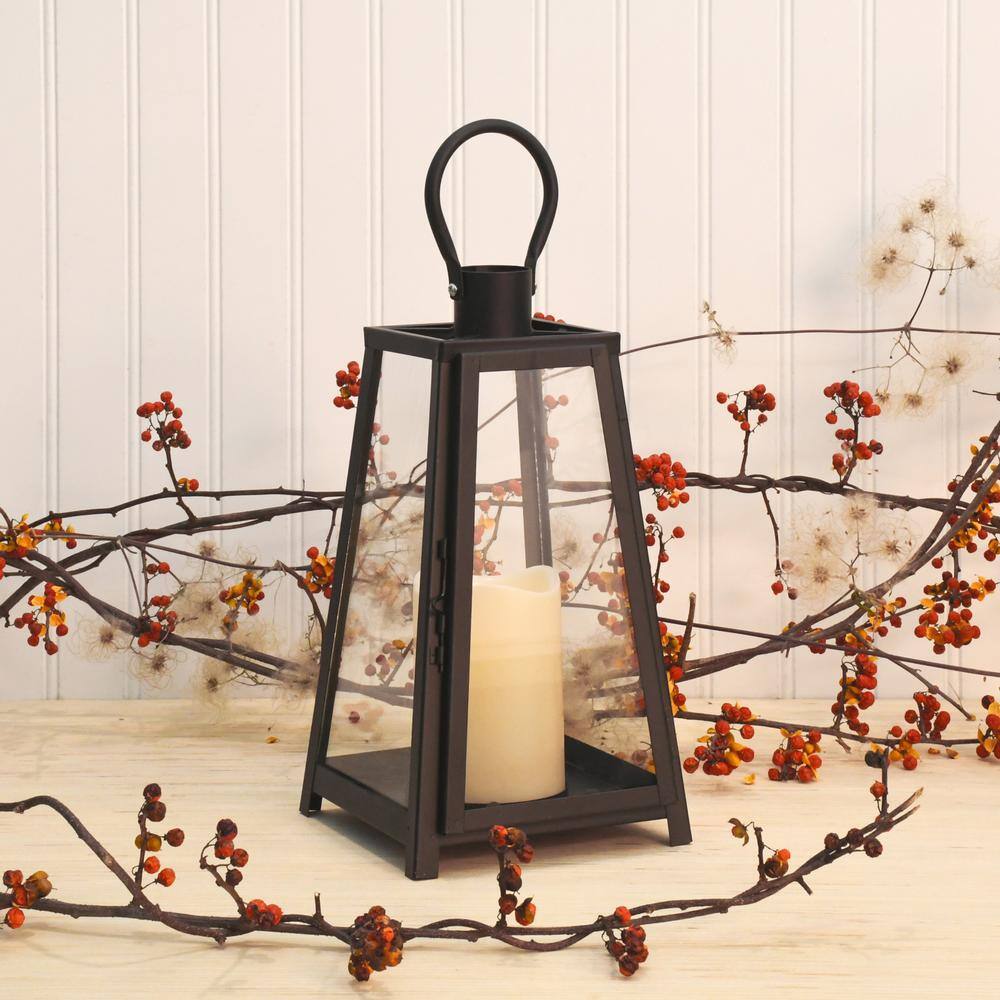 Black Metal Tabletop Lantern with Amber LED Candle