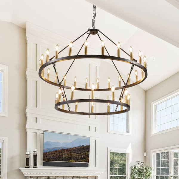 47 in. 36-light Black and Gold 2 Tier Large Farmhouse Wagon Wheel Loft Retro Round Chandelier for Living Room Foyer Bar
