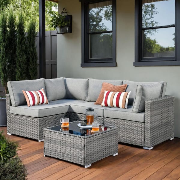 Regale 5-Piece Wicker Outdoor Sectional Set with Dark Gray Cushions