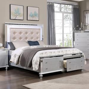 Dynalla Silver LED Headboard Wood Frame Queen Platform Bed with 2-Foot Drawers