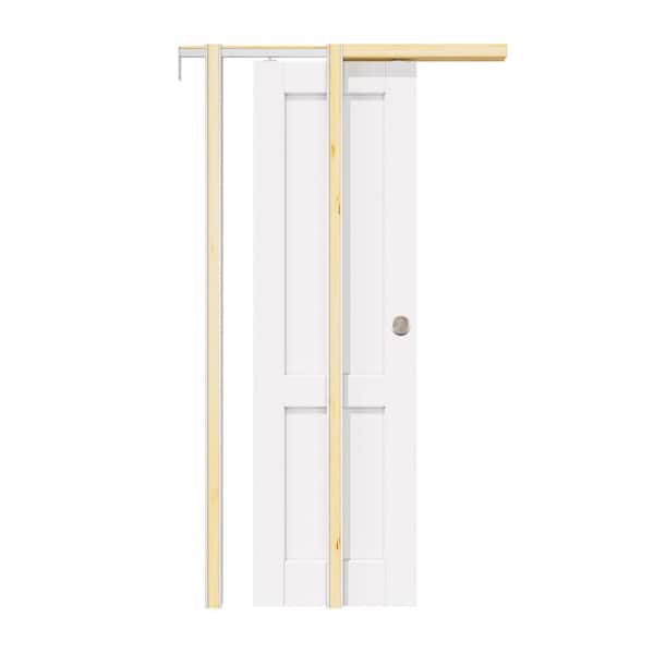 24 in. x 80 in. Paneled 2-Lite White Primed Wood Pocket Door with Hardware Kit (Soft Close and Round Silver Handle Incl)