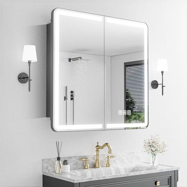 32 in. W x 30 in. H Rectangular 3-Color Dynamic Flow Lighting Surface/Recessed Medicine Cabinet with Mirror