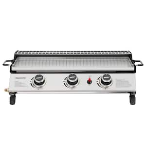 24 in. Portable 3-Burner Tabletop Griddle with Warming Rack, 2-Handles, 25,500BTU, Stainless Steel Griddle Top, Silver