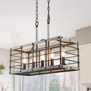 Industrial 22 in. 5-Light Dark Gray Island Chandelier with Faux Wood Accent