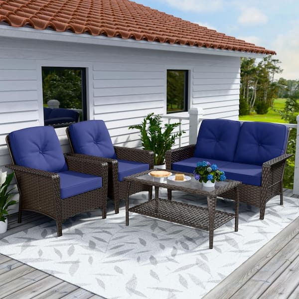 COOS BAY 4-Piece Dark Brown Wicker Rattan Outdoor Patio Deep Seating Conversation Set with Coffee Table and Blue Cushions