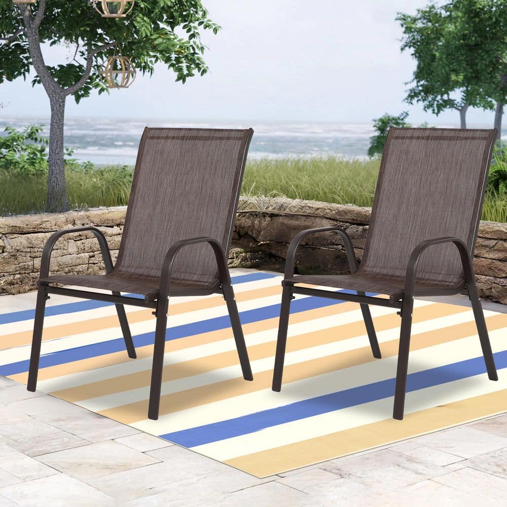 Brown Steel Outdoor Dining Chair, Patio Camping Chair with