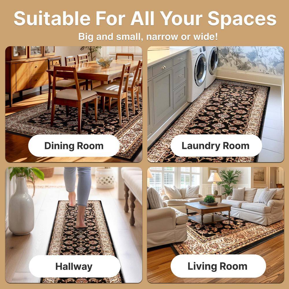 Black and Beige Rectangular Oriental Synthetic Area Rug