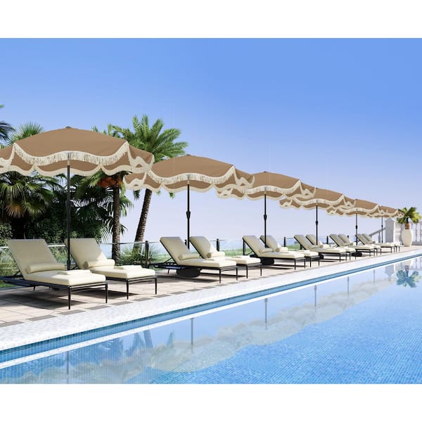 9 ft. Tassel Market Patio Umbrella with Full Fiberglass Rib in Tan