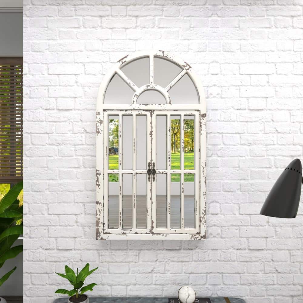 Vintage Farmhouse 26x46 Distressed White Wooden Arched Wall Mirror