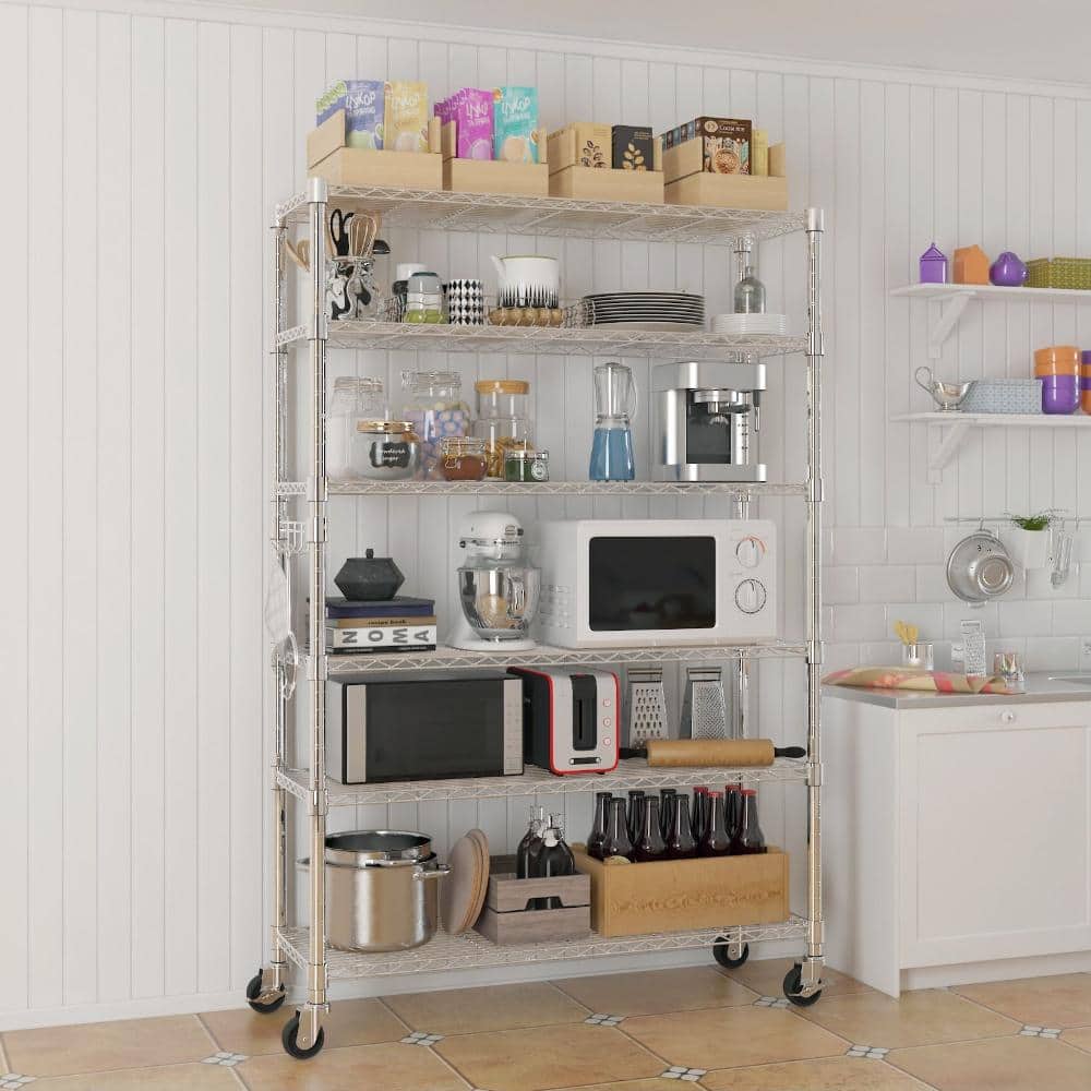 6-tier silver wire shelving unit in a kitchen setting