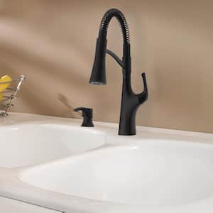 Ladera Culinary 1-Handle Pull Down Sprayer Kitchen Faucet with Deck Plate and Soap Dispenser in Matte Black