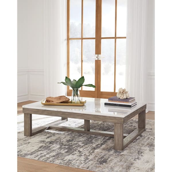 Loyaska 56 in. Brown/White Rectangle Marble Coffee Table