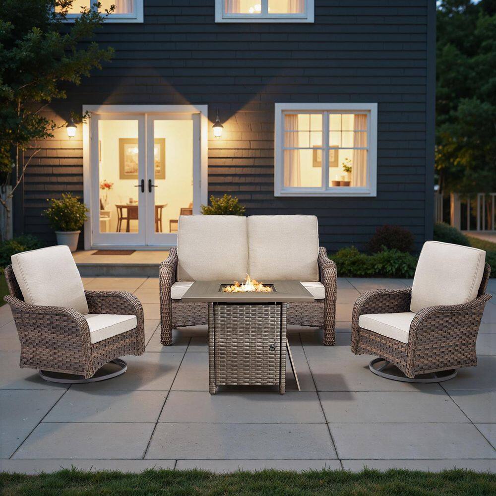 Rainf 4-Piece Patio Conversation Loveseat Set with Fire Pit, Wicker Outdoor Swivel Chairs Patio Sofa with Beige Cushion price history on PriceWatchPro