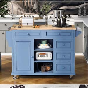 Blue Kitchen Island with Wheels, Large Storage and Adjustable Shelves