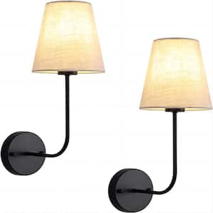 10.35 in. 1-Light Black Vintage Vanity Light Wall Sconce with Fabric Shade (Set of 2)