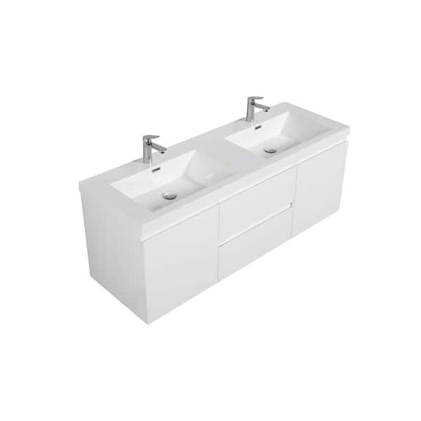 58.74 in. W Double Sinks Wall-Mounted Glossy White Bath Vanity With White Resin Top Unassembled