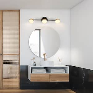 22 in. Modern 3-Light Black Integrated LED Bathroom Vanity Light, Brass Gold Wall Sconce with Round Shade