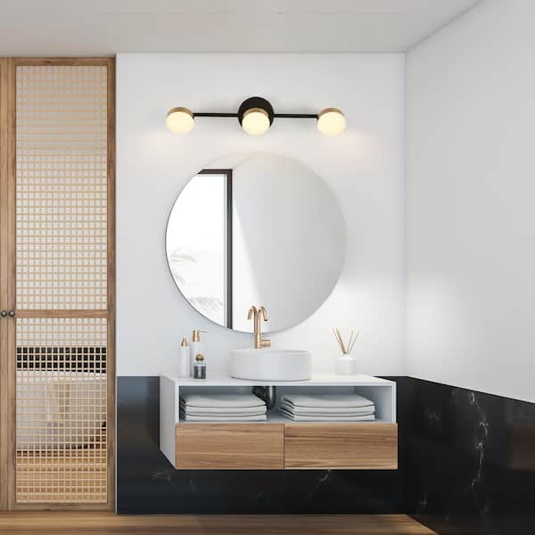 22 in. Modern 3-Light Black Integrated LED Bathroom Vanity Light, Brass Gold Wall Sconce with Round Shade