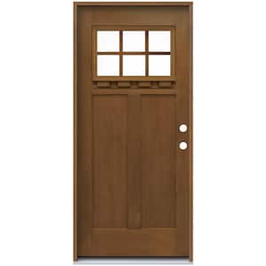 36 in. x 80 in. Left-Hand Craftsman 6 Lite Hazelnut Stain Fiberglass Prehung Front Door with Dentil Shelf and Brickmould