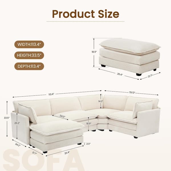 ★ EiDER★ Vivace Corduroy E2Beige DWF24N41E2 JEAREY 113.4 in. W 5-Piece Modern Corduroy Fabric Sectional