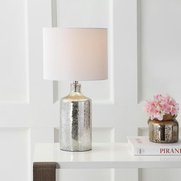 SAFAVIEH Danaris 19 in. Silver/Ivory Textured Table Lamp with White Shade