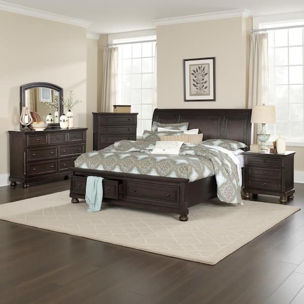 Oria 4-Piece Dark Brown Wood Queen Size Transitional Style Bedroom Set with Round Knobs