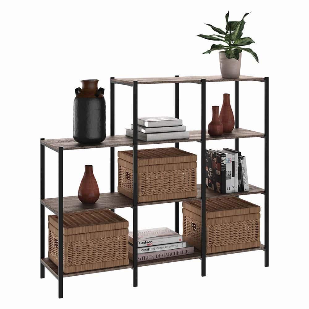 Weathered Gray 4-Tier Industrial Wood and Metal Bookcase
