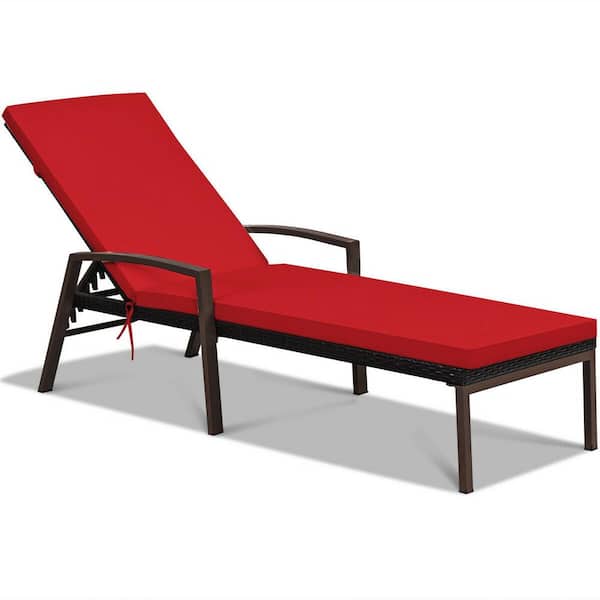 Unbranded Rattan Outdoor Lounge Chair Adjustable Backrest Chaise Recliner with Red Cushion