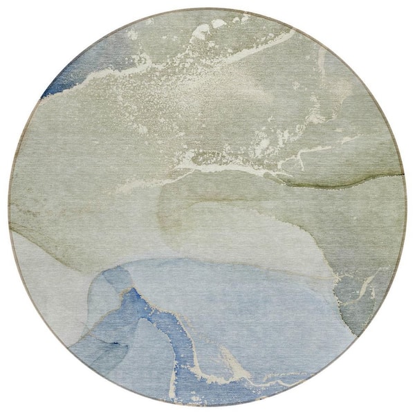 HomeRoots Blue, Green 8 Round ft. Woven Abstract Polyester Round Indoor / Outdoor Area Rug