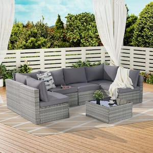 7-Piece Rattan Wicker Outdoor Sectional Set with Tempered Glass Coffee Table Set and Grey Cushions