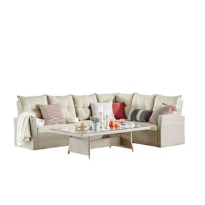 Canaan Beige 2-Piece All Weather Wicker Patio Conversation Sectional Seating Set with Cream Cushions