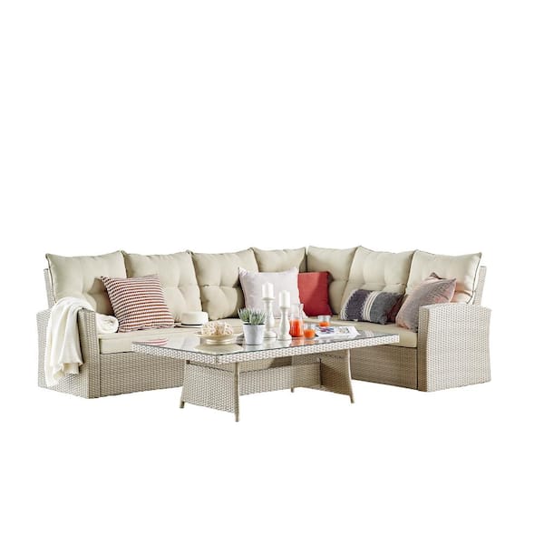 Pure Garden Canaan Beige 2-Piece All Weather Wicker Patio Conversation Sectional Seating Set with Cream Cushions