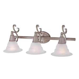 Toledo Collection 27.5 in. 3-Light Platinum Rust Indoor Vanity Light with Alabaster Glass Bell Shades