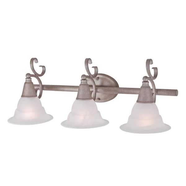 Volume Lighting Toledo Collection 27.5 in. 3-Light Platinum Rust Indoor Vanity Light with Alabaster Glass Bell Shades