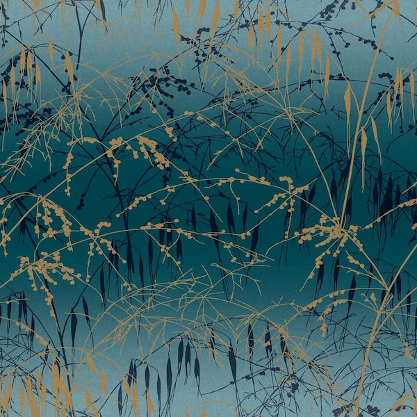 Graham & Brown Clarissa Hulse Meadow Grass Teal and Soft Gold Blue Removable Wallpaper Sample