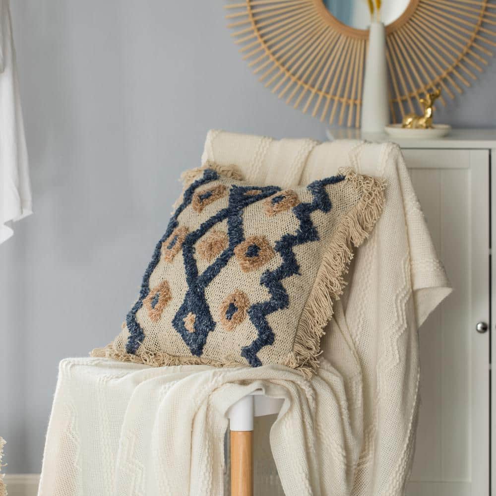 16" Handwoven Cotton Silk Box Throw Pillow with Zig Zag Design