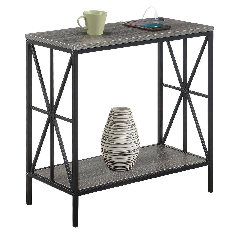 Weathered Gray and Black Metal End Table with USB Charging Station