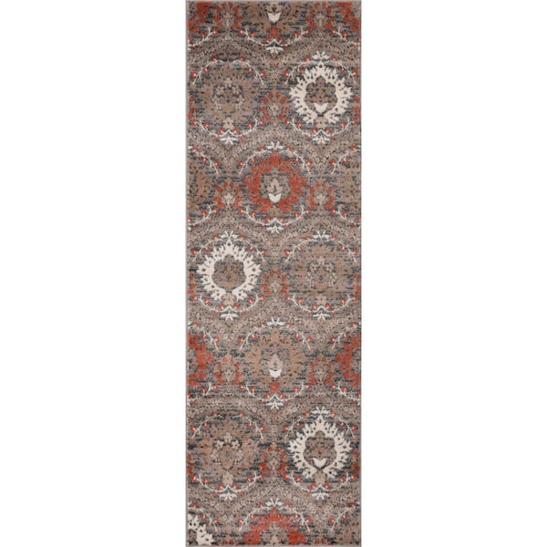 SUPERIOR Augusta Rust 2 ft. 6 in. x 10 ft. Oriental Floral Non-Slip Runner Rug