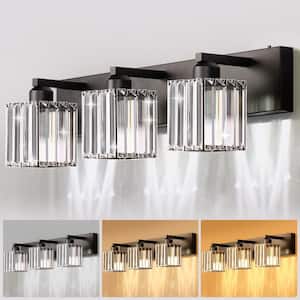 24 in. 3-Light Black Square Crystal Bathroom Integrated LED Vanity Light Fixture with 3CCT Function