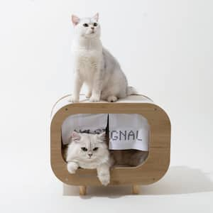 Wooden TV-Shaped Cat Bed, Cat House with Cushion, White