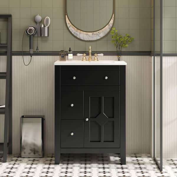 24 in. Freestanding Black Bath Vanity with White Ceramic Top, 2-Drawers and Soft Closing Doors