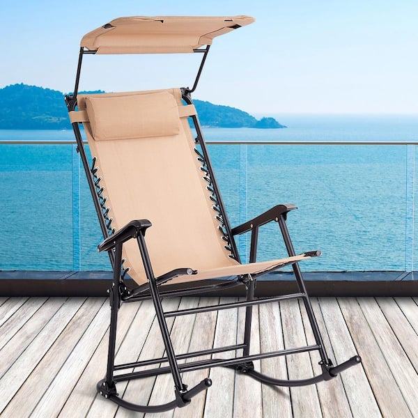 Wellfor Metal Outdoor Rocking Chair Folding Zero Gravity In Beige Seat With Adjustable Canopy Op Hwy2 3563cm Wellfor Metal Outdoor Rocking Chair, Outdoor Rocker Chair With Canopy