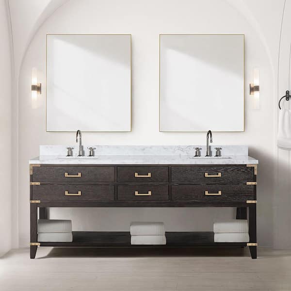 Irvington 80 in W x 22 in D Brown Oak Double Bath Vanity and Carrara Marble Top