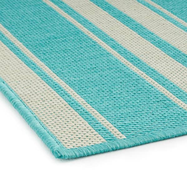5.25 X 7 Multi-Colored Teal Stripe Area Rug Floor Decor for Outdoor/Indoor Living Room, Patio