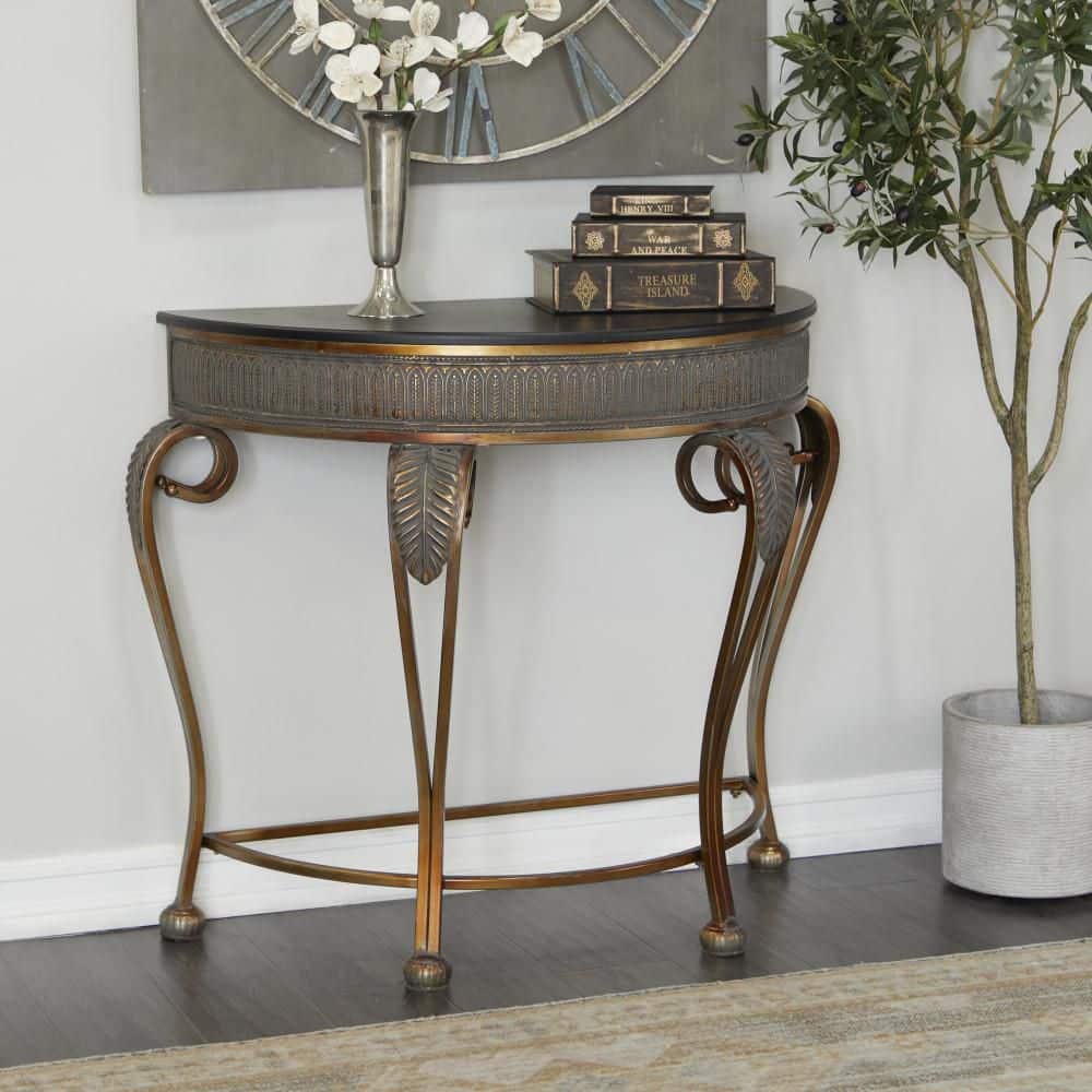 Gold Metal Demilune Console Table with Ornate Scroll Legs