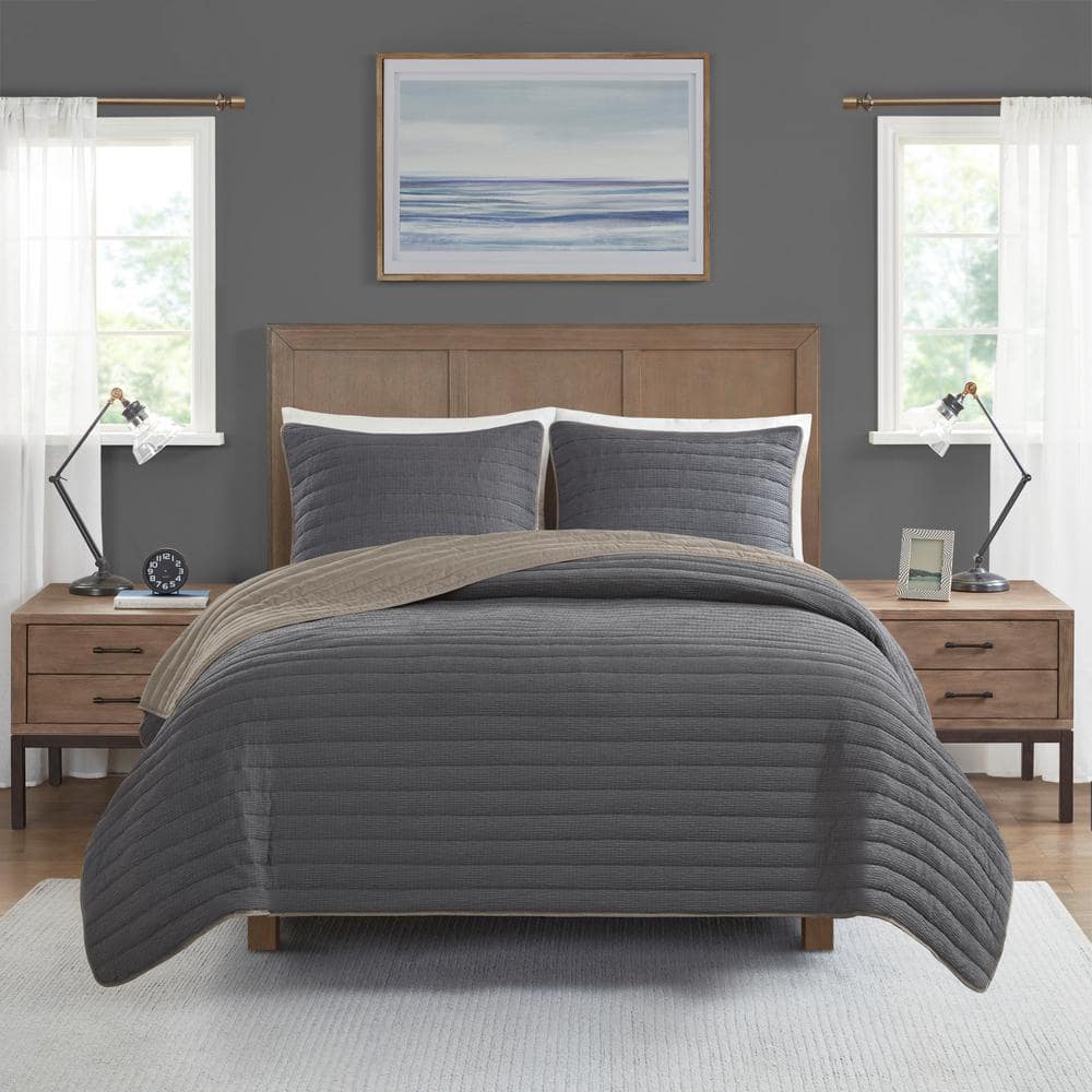 Charcoal King Reversible Microfiber 3-Piece Quilt Set