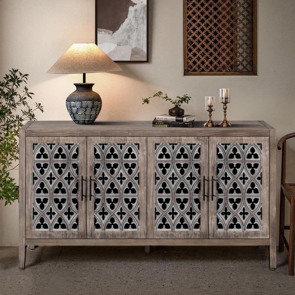 33.9 in. H Brown Four Door Hollow Carved Storage Cabinet with Adjustable Shelves, MDF Craft Design for Living Room